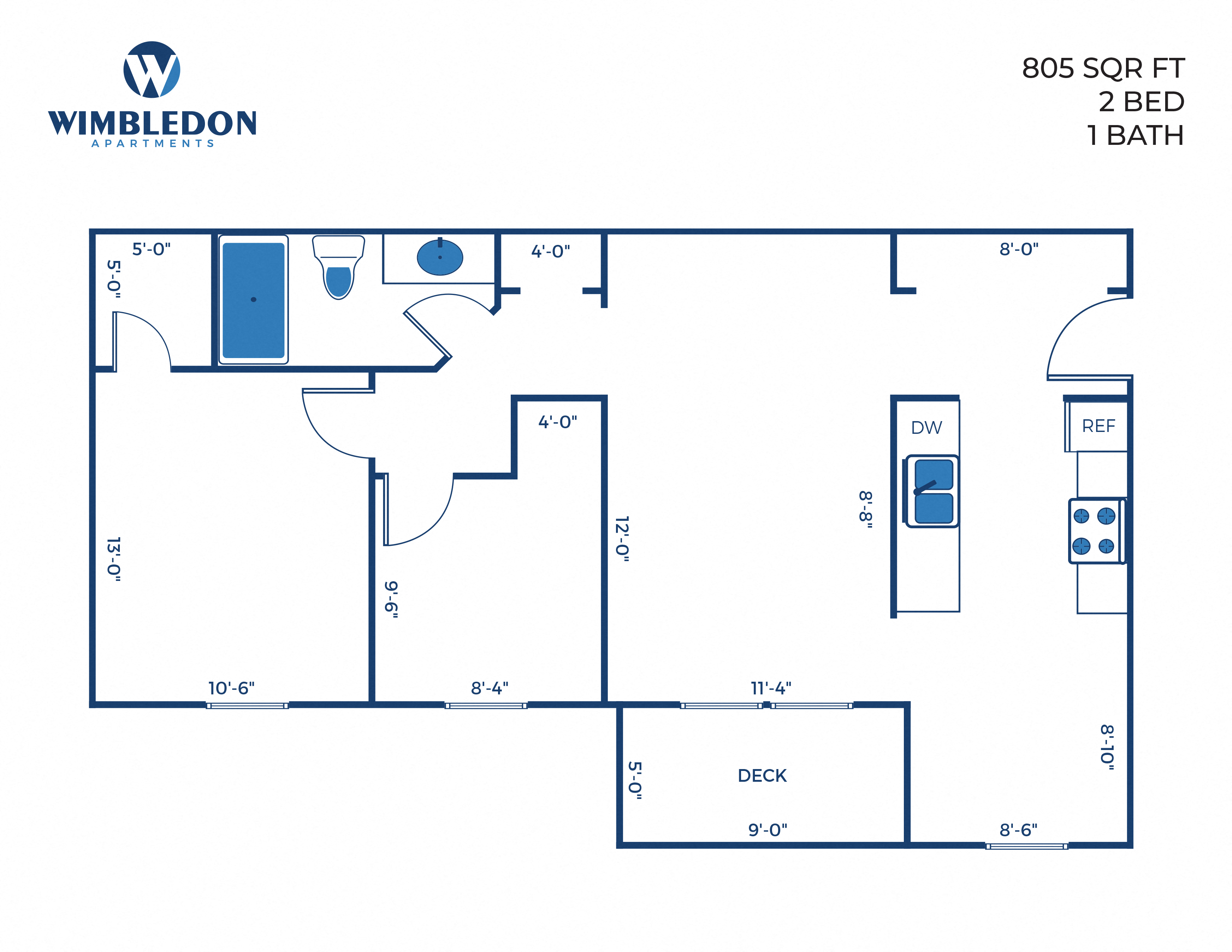 Floor plan for 2 beds, 1 bath, 805 sqft